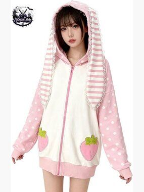 Y2K Kawaii Animal Ear Zip Up Hoodie Harajuku Preppy Vintage Baggy Jacket